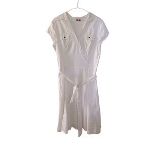 Esprit Flax Linen Blend White A-Line V Neck Crossover Belted Dress Women’s 12